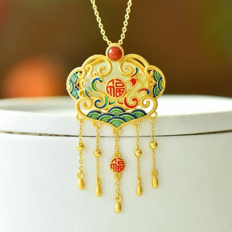 Exquisite Phoenix Tassel Ruyi Pendant Silver Inlaid Natural Hetian Jade Necklace